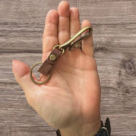 Deep Brown Leather & Brass Quick Release Belt Hook Clip Key Chain - Picture 4 of 5